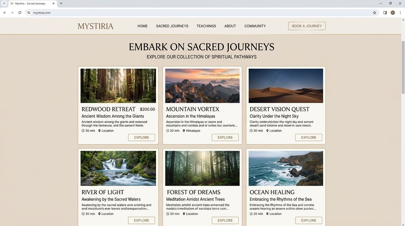 Mystiria sacred sanctuary landing page