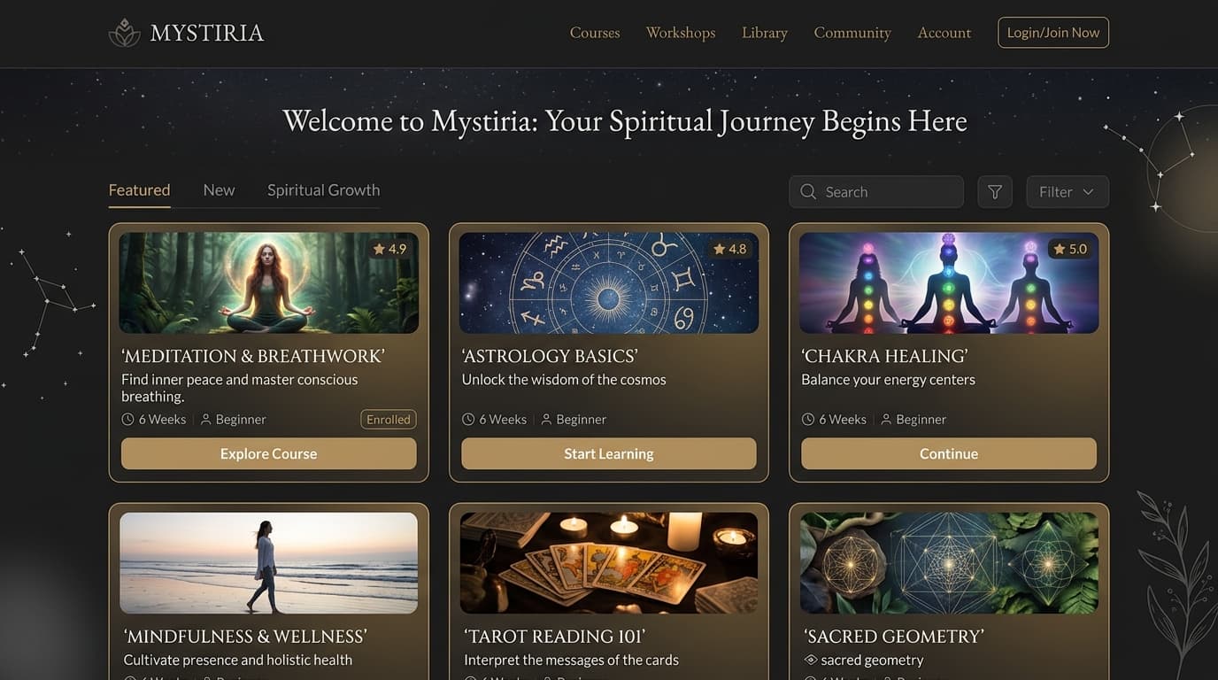Mystiria educational courses interface