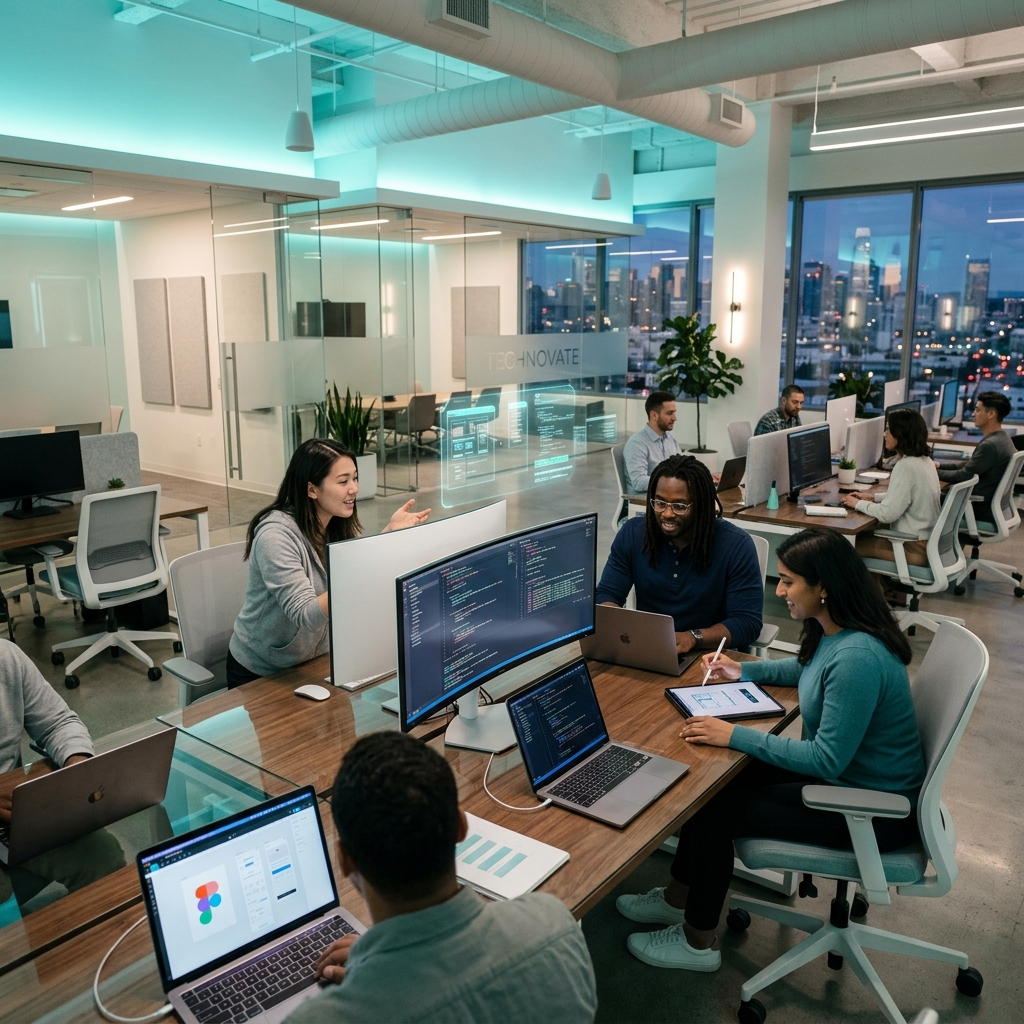 ORA team collaborating in a modern office